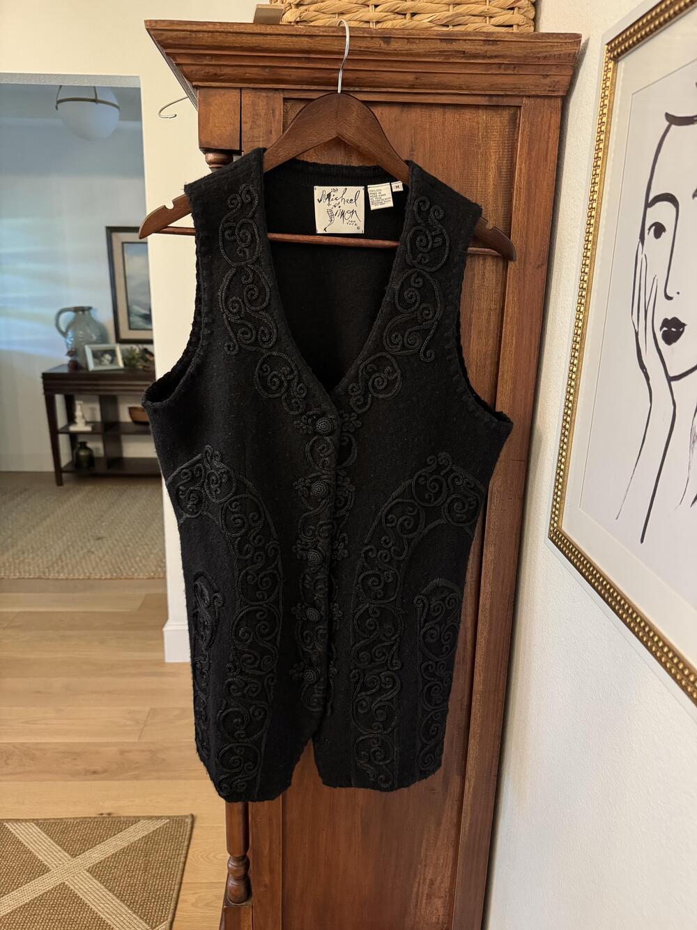 Vintage 90s Michael Simon Vest Womens Medium Black Wool Soutache Embroidered